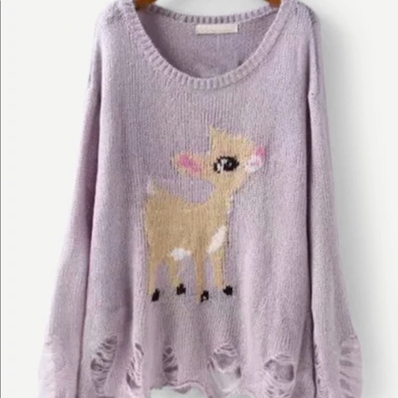 amourOC Sweaters - Distressed Bambi Crew Neck Knit Sweater Purple